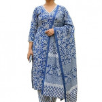 Women's South Cotton Floral Printed Kurta with Pant and Dupatta Set | Salwar Suit Set , Blue