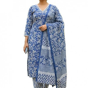 Women's South Cotton Floral Printed Kurta with Pant and Dupatta Set | Salwar Suit Set , Blue