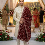 Maroon Velvet Embroidered Sherwani Dupatta with Golden Zari Work