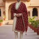 Maroon Velvet Embroidered Sherwani Dupatta with Golden Zari Work