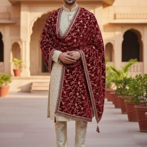 Maroon Velvet Embroidered Sherwani Dupatta with Golden Zari Work