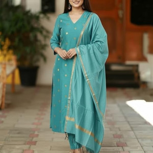 Printed Kurta for Women | Kurti Set Woman | Kurta with Pant & Dupatta | Straight Ethnic Suit , Sky