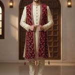 Maroon Velvet Embroidered Sherwani Dupatta with Golden Zari Work