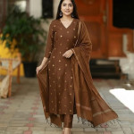 Printed Kurta for Women | Kurti Set Woman | Kurta with Pant & Dupatta | Straight Ethnic Suit , Brown