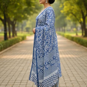 Women's South Cotton Floral Printed Kurta with Pant and Dupatta Set | Salwar Suit Set , Blue